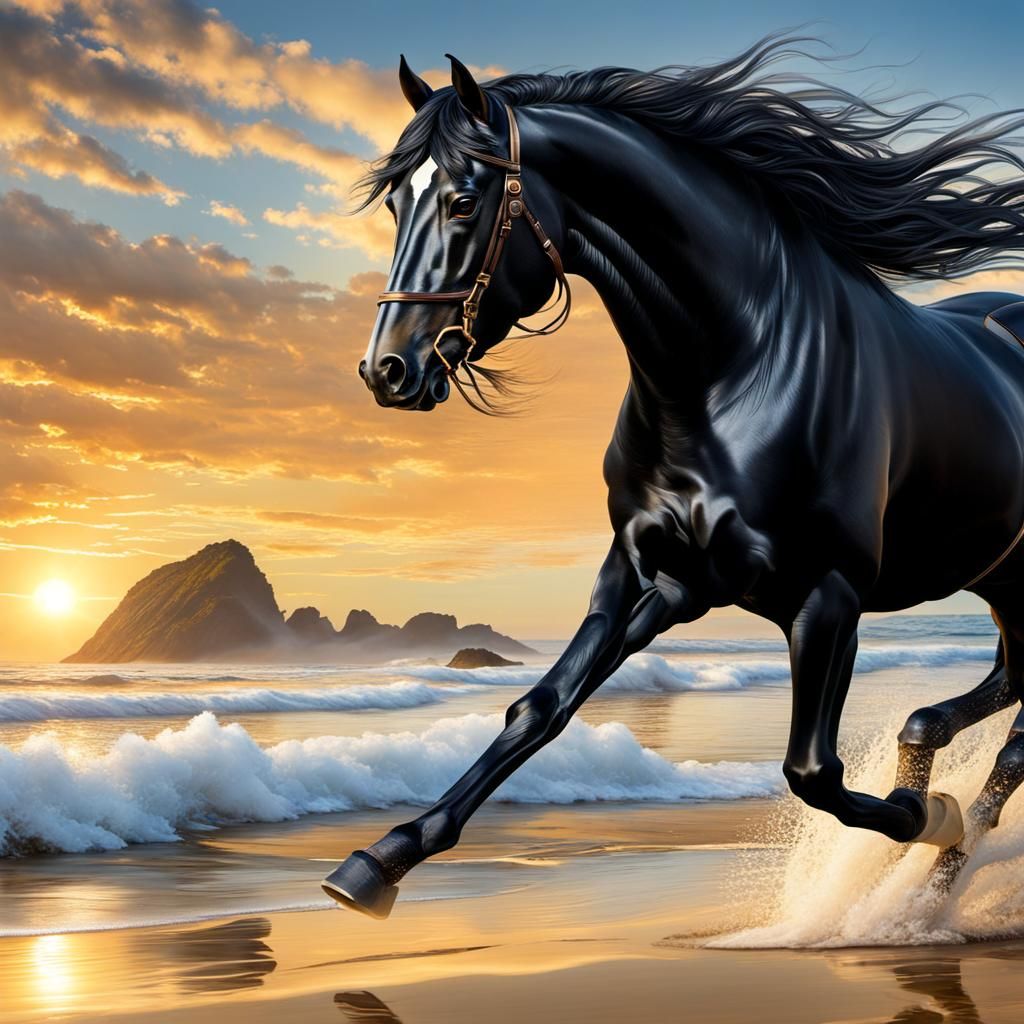 Galloping Black Horse on Beach in Golden Light