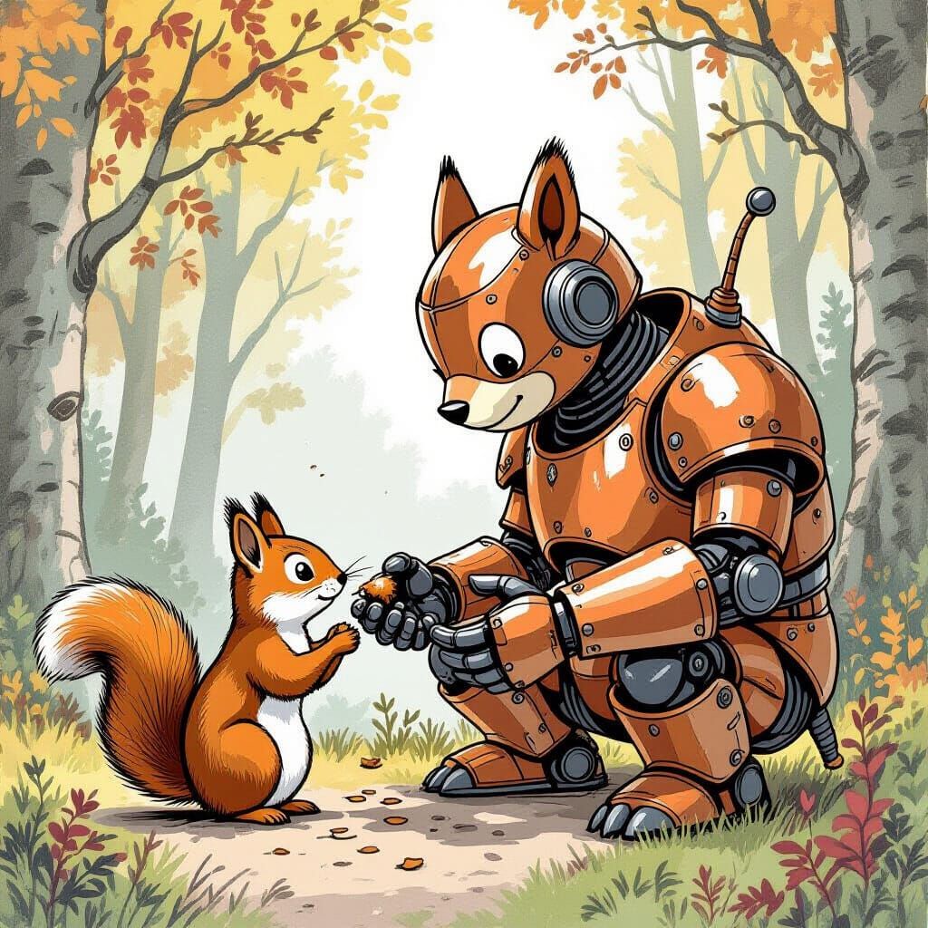 Robot Feeds Squirrel in Whimsical Forest, Beatrix Potter Sty...