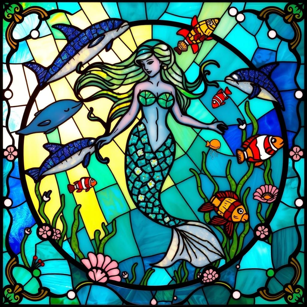 Underwater Mermaid in Stained Glass Style
