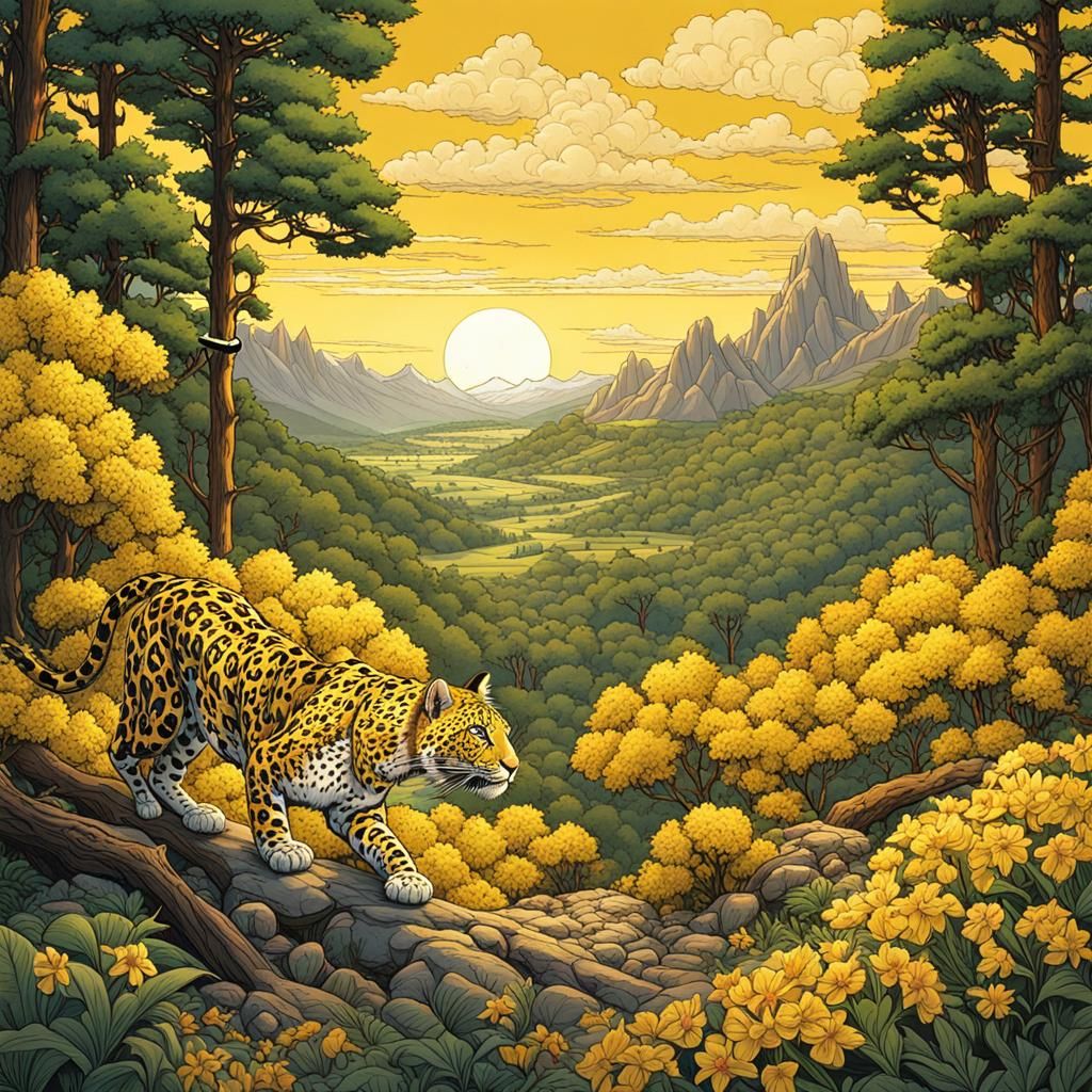 Yellow Leopard in Forest Clearing: Retro D&D Illustration
