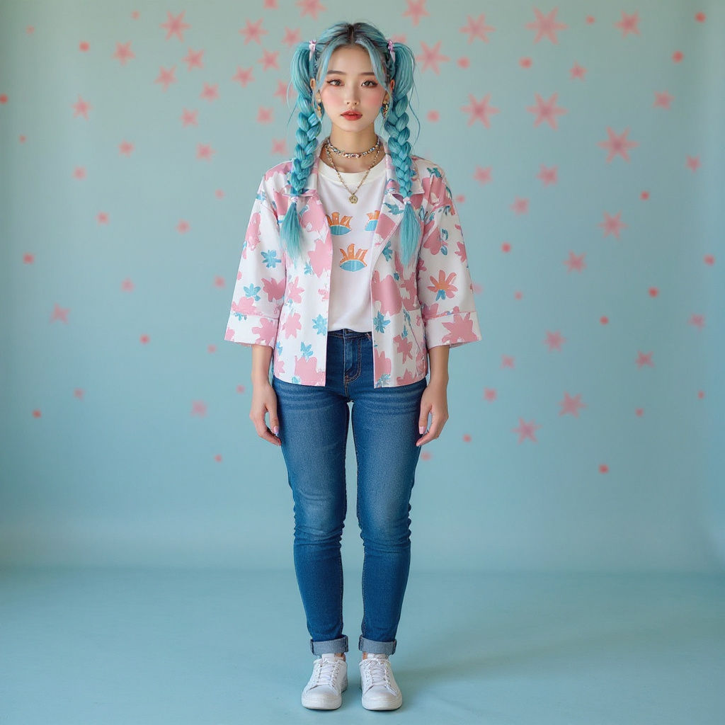 K-Pop Idol Concept: Light Blue Hair, Twin Braids