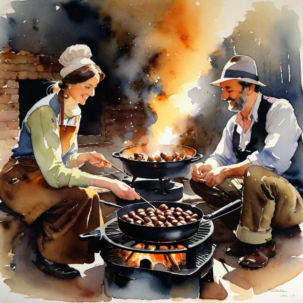 Friends Roasting Chestnuts: Ink and Watercolor Drawing