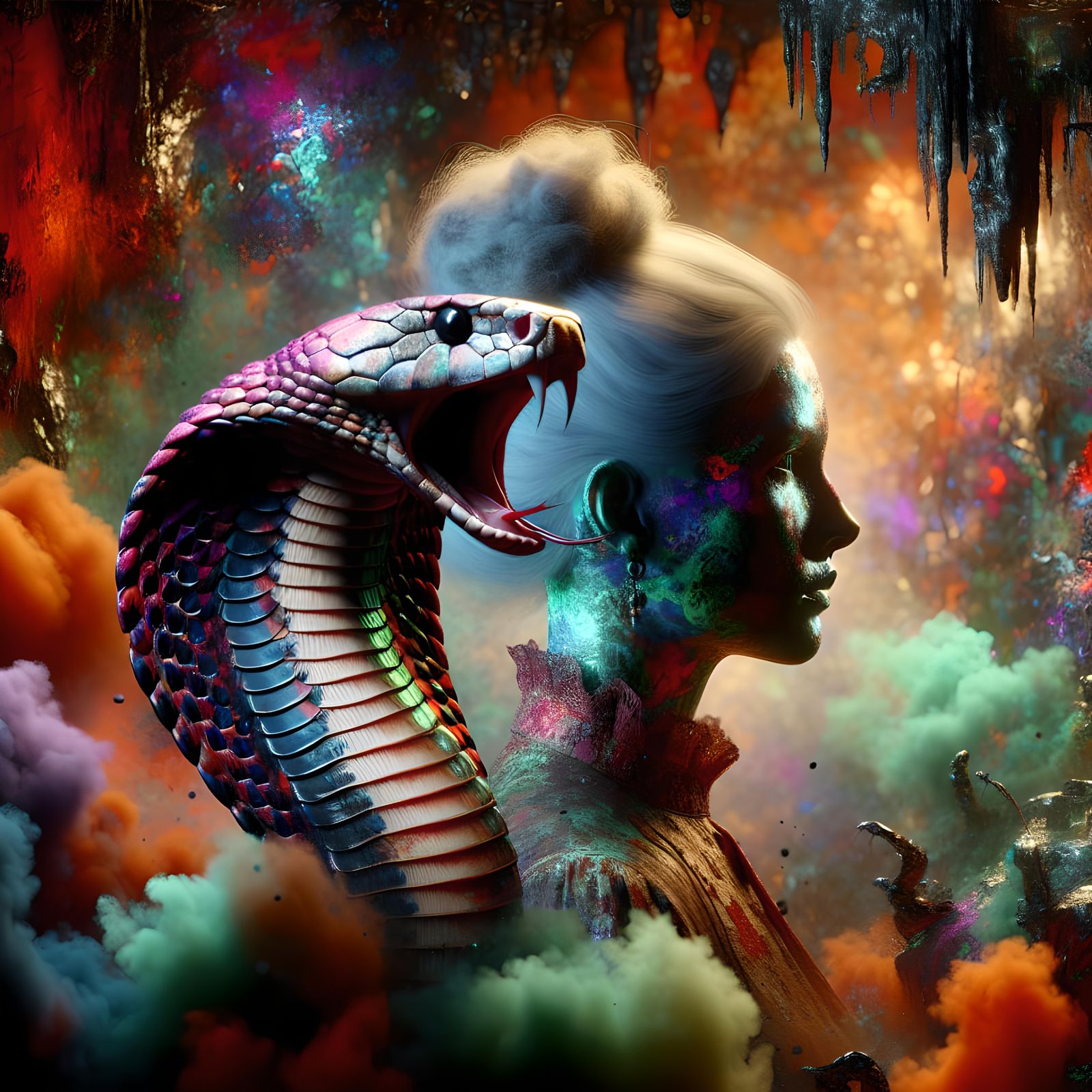 Elegant Woman and Cobra Double Exposure in 3D