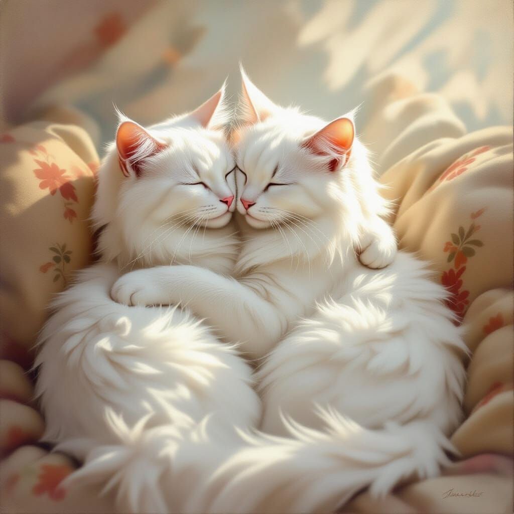 Two White Cats Embrace in Soft, Romantic Light