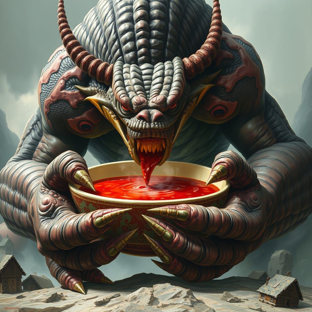 Imposing Zhdun Devours Borscht Soup in Eerie Realism