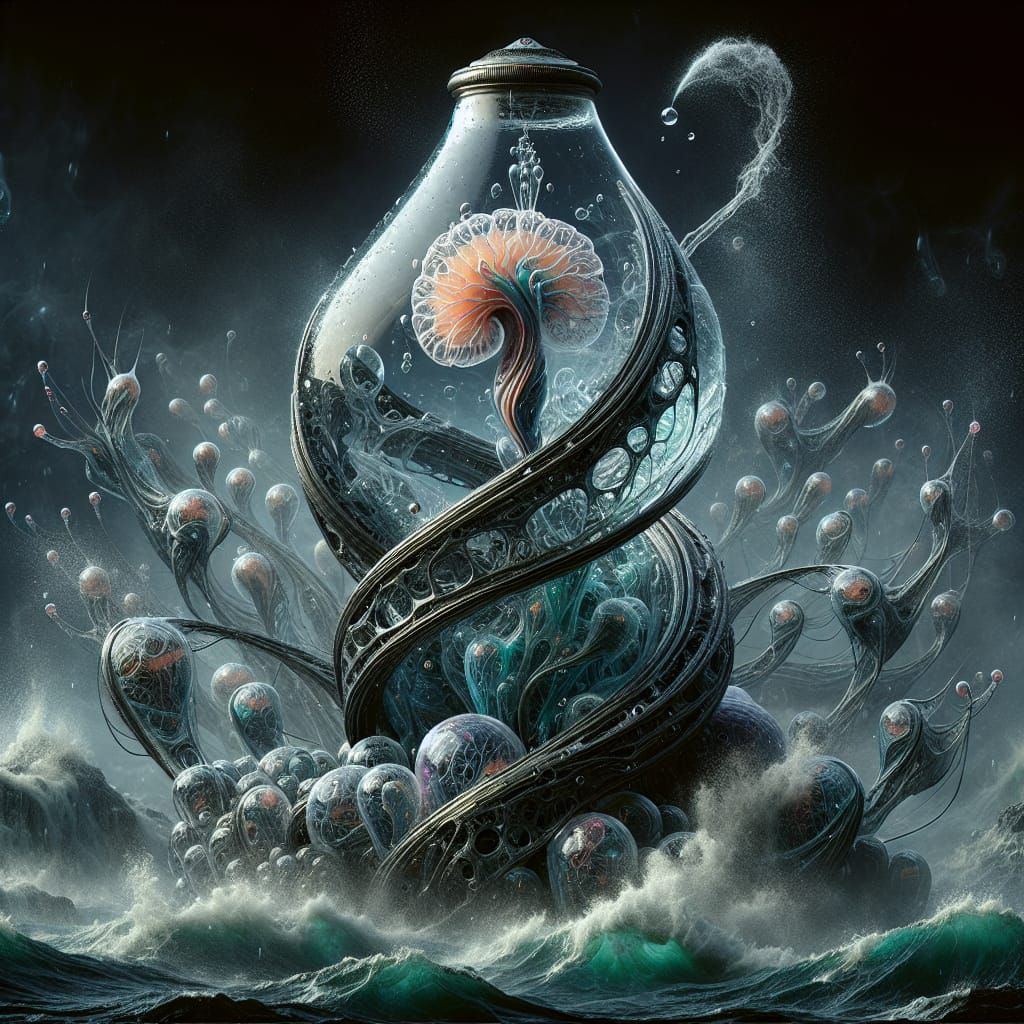 Glass Ampulla Ascends from Turbulent Sea in Fantasy Realm