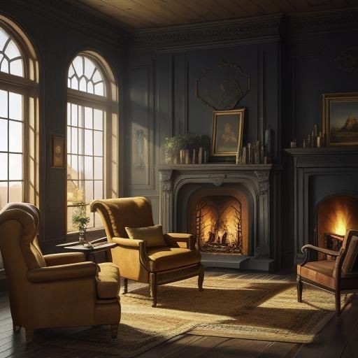 Cozy Living Room Scene with Fireplace in Golden Light