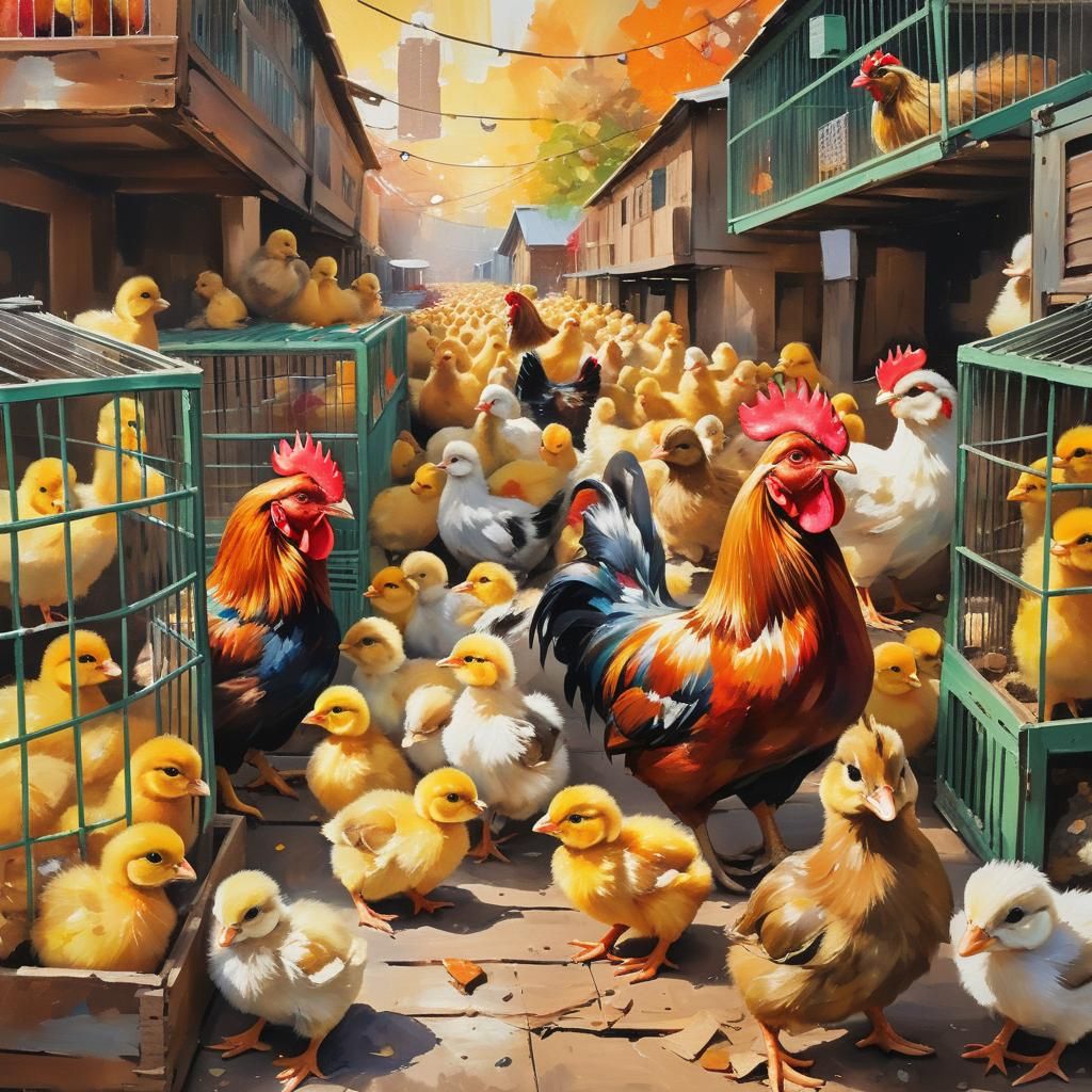 Market Scene with Chicks in Colorful Oil Painting