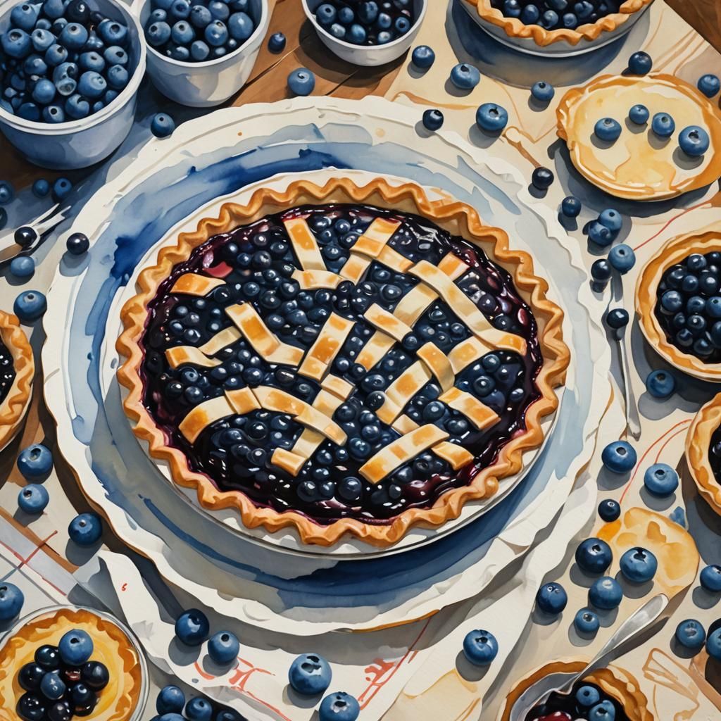 Blueberry Pie in Gouache and Watercolor Style