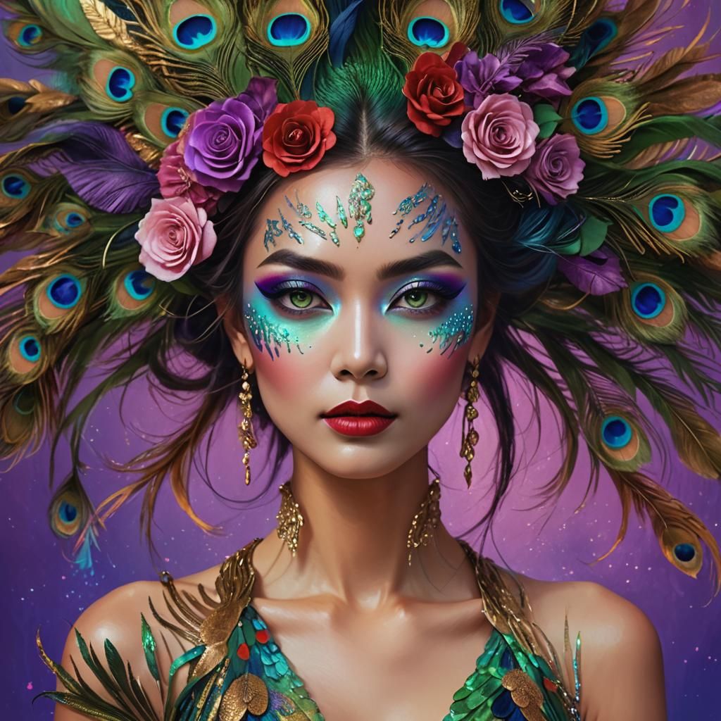 Rainbow Woman with Peacock Feathers, Digital Art