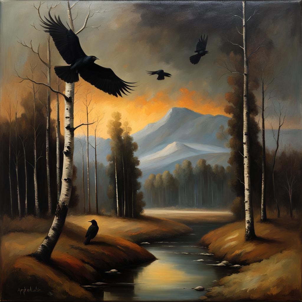 Winter Birch Forest Landscape in Baroque Style