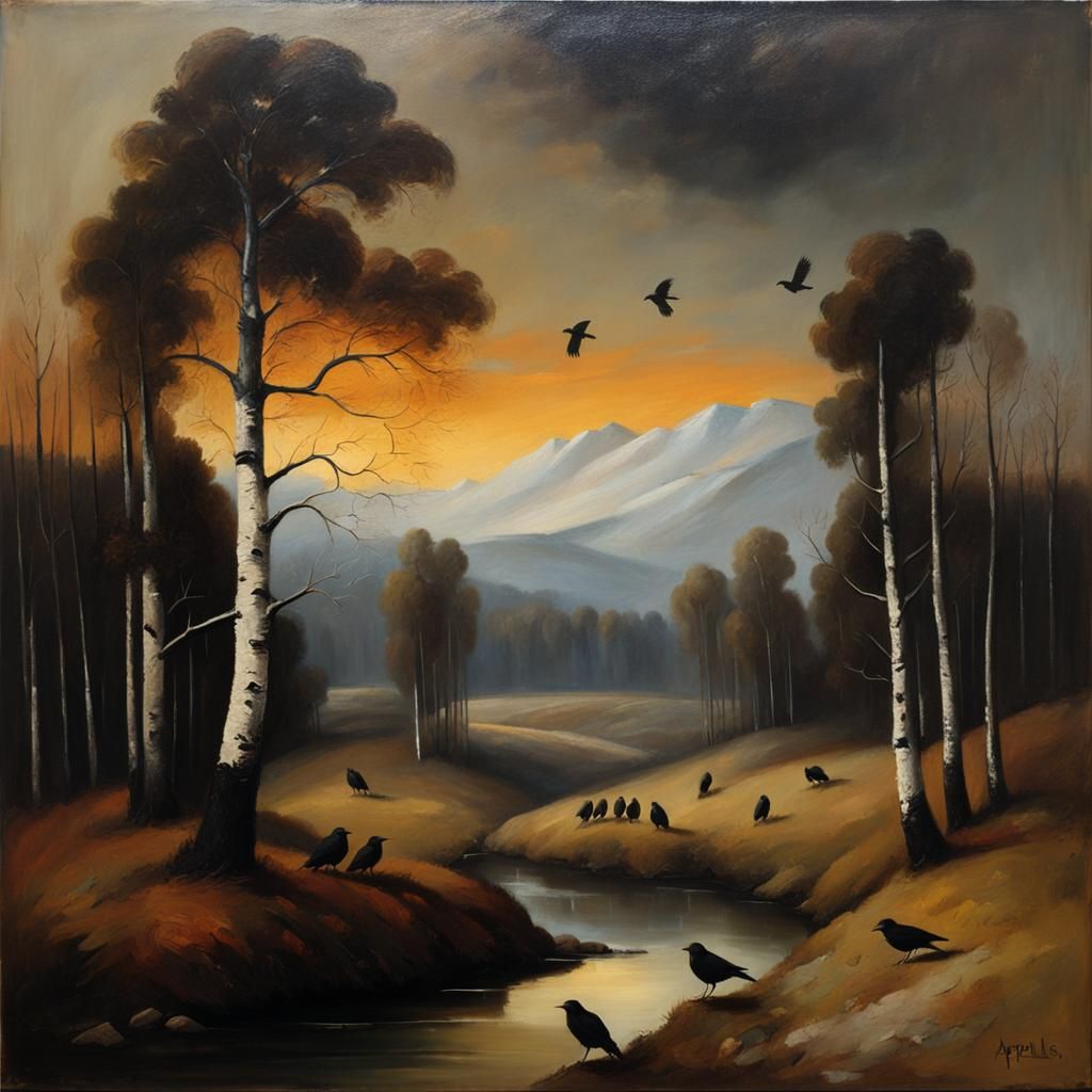 Winter Birch Forest Landscape in Baroque Style