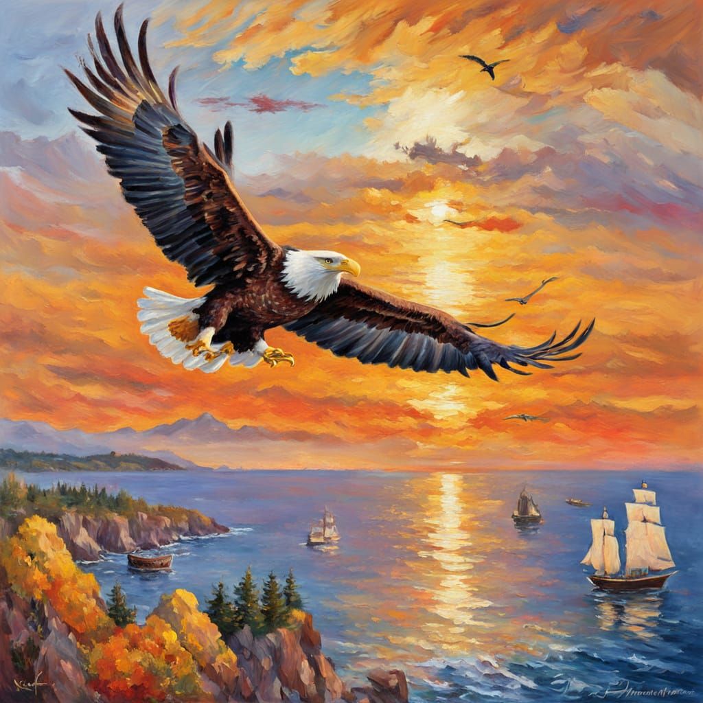Bald Eagle Soaring: An Impressionist Oil Painting