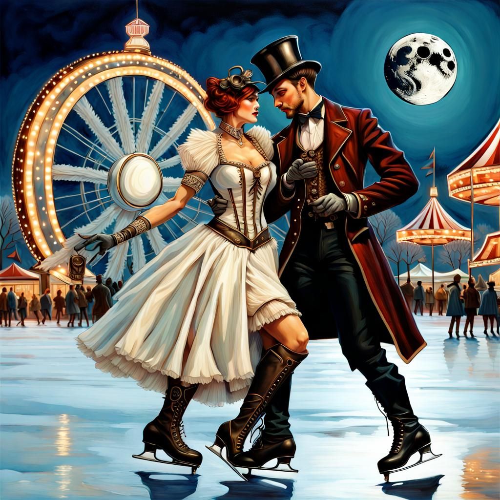 Steampunk Couple Ice Skating Under Moonlight