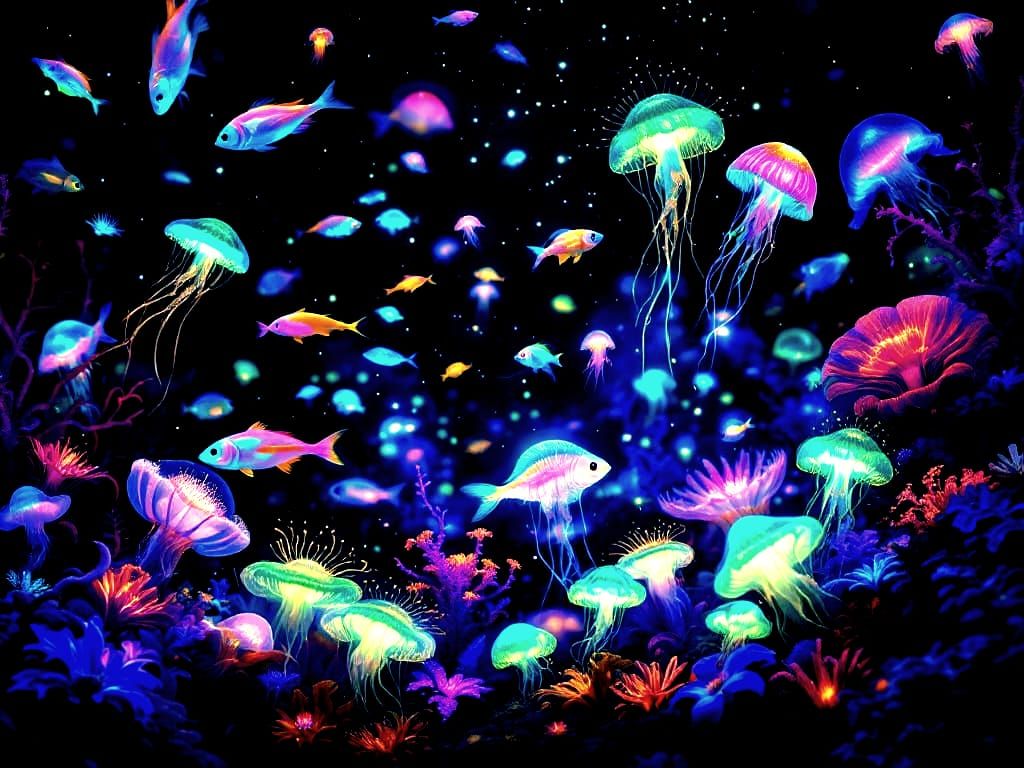 Bioluminescent Aquatic Life in a Blacklight Ocean