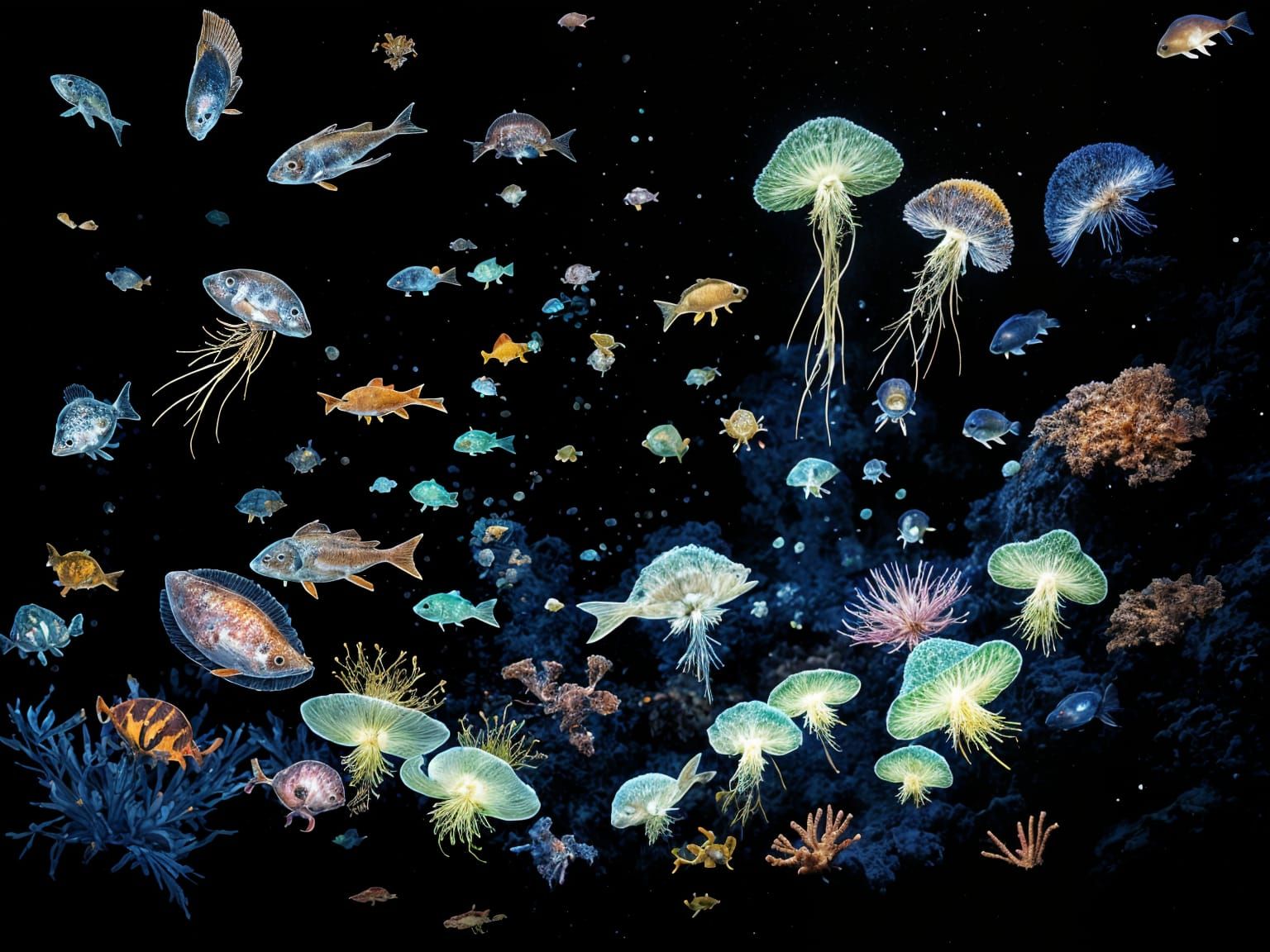 Bioluminescent Aquatic Life in the Deep Ocean