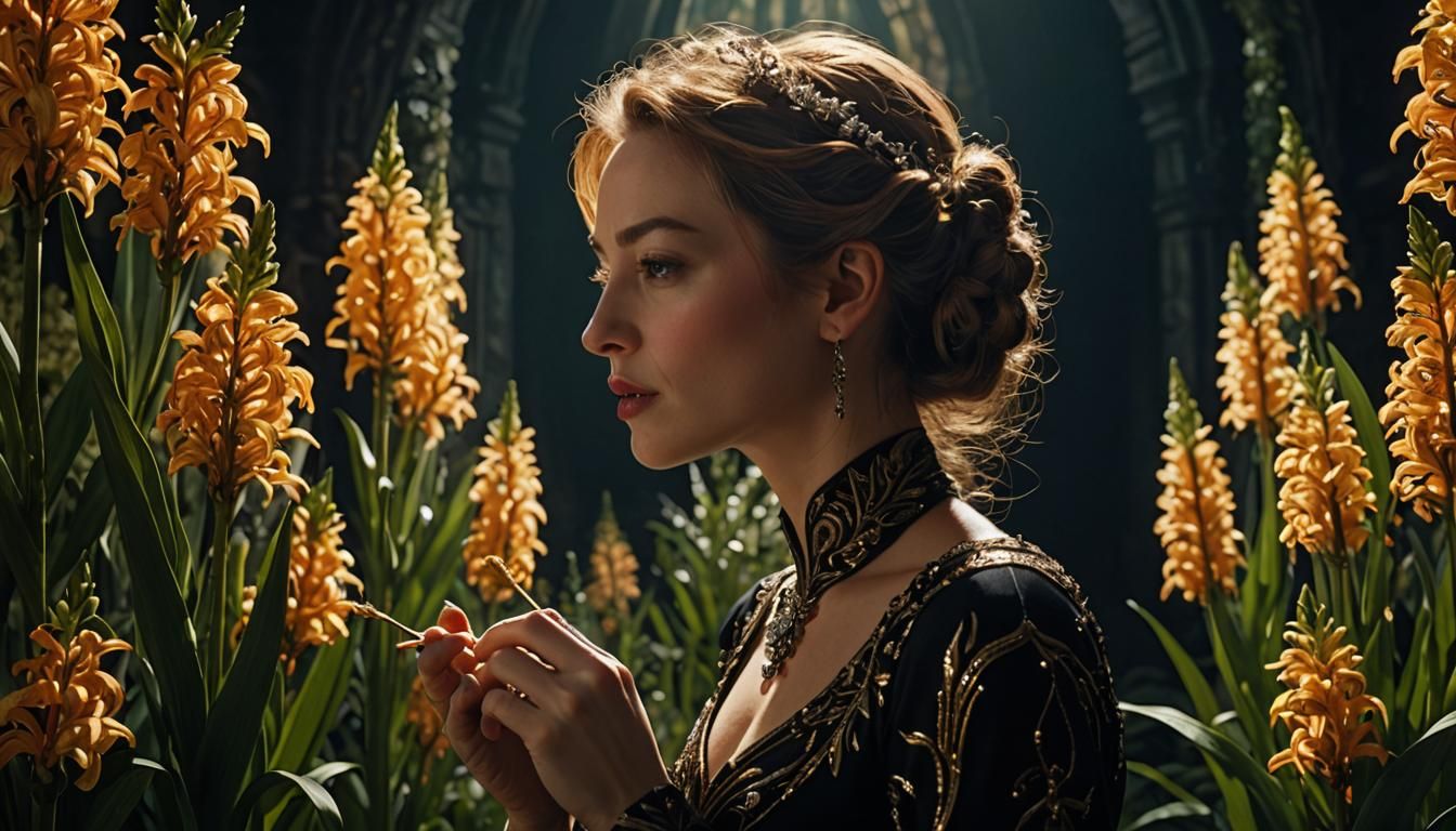 Woman Smelling Asphodel in Detailed Matte Painting