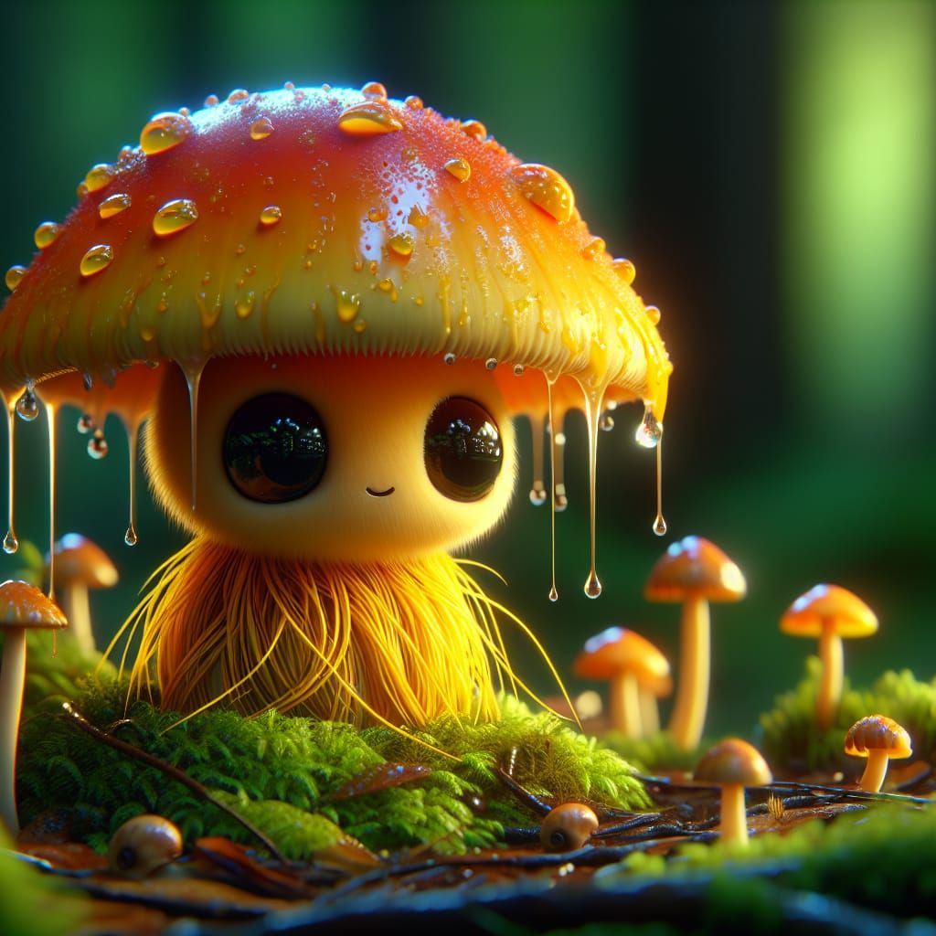 Whimsical creature, bright orange mushroom cap hat, drips wi...