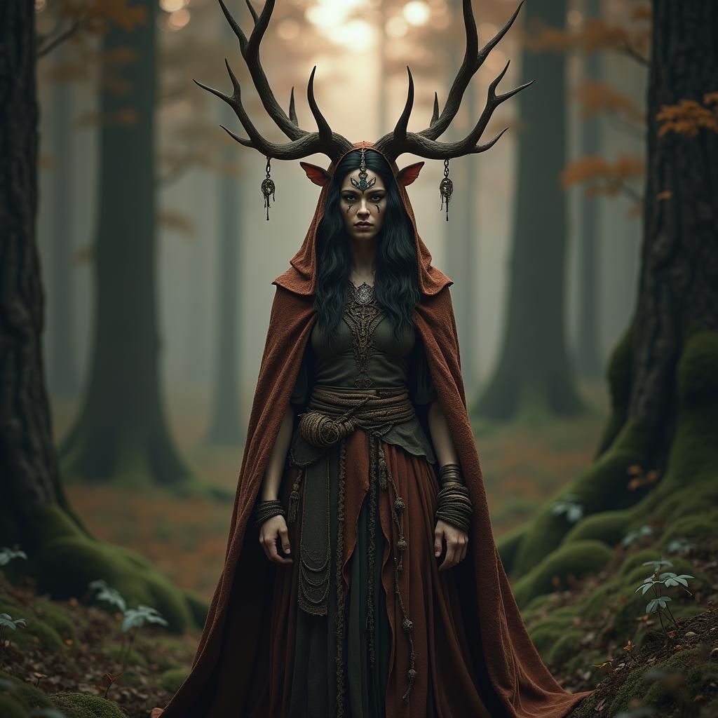Mystic Celtic Druidess in Primordial Forest