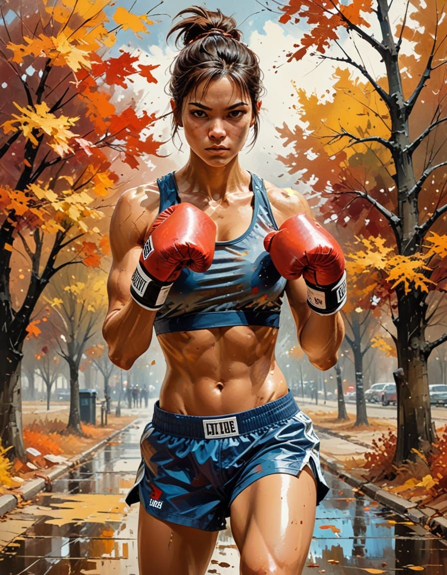 Fierce Female Boxer Training in Autumn Abstract Style