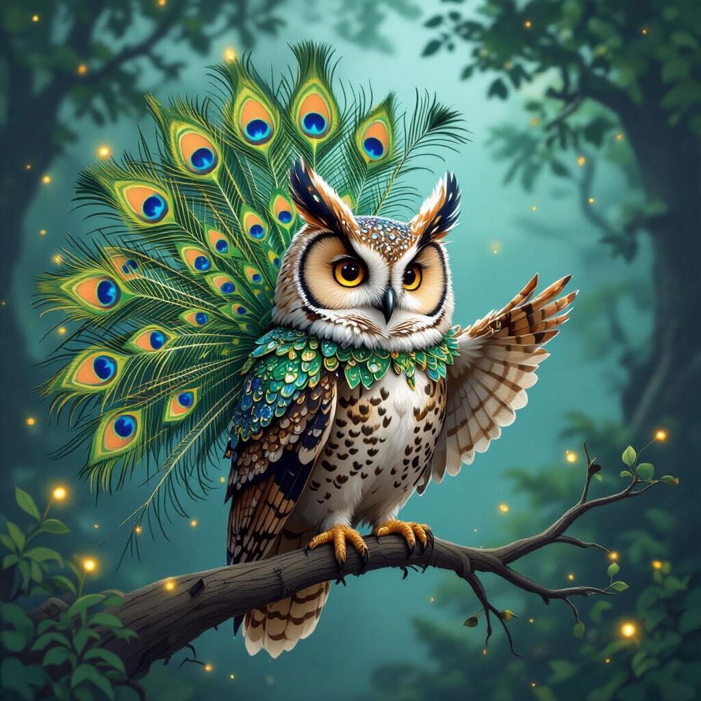 Owl in Peacock Costume in Enchanted Forest