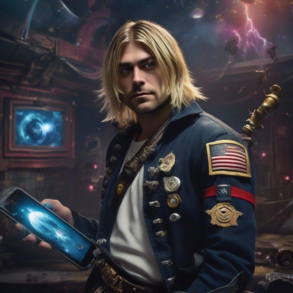 Portrait of kurt Cobain as Space Pirate Captain Harlock from disney movie "Pirates of the space". Intricate _details. El...