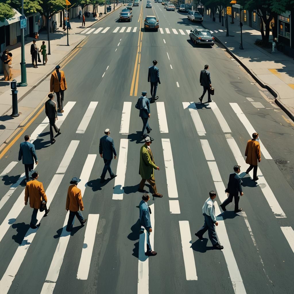 Men Crossing Street: Matte Painting Inspired by Syd Mead