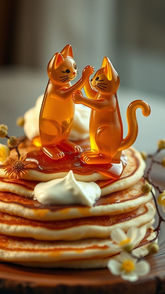 Dancing Feline Duo on a Stack of Pancakes in Hyperdetail