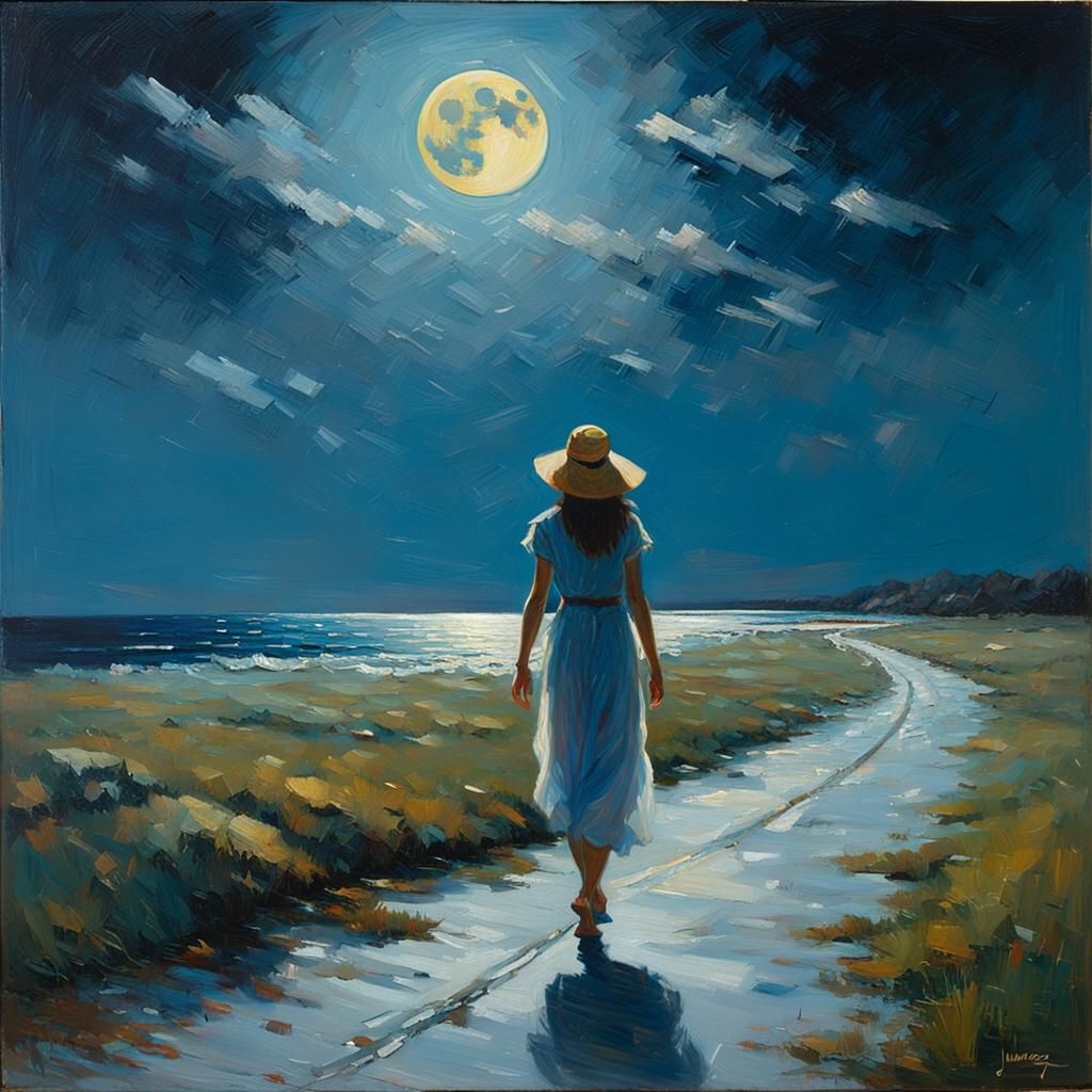 Modern Woman Walking in Moonlight as Oil Painting