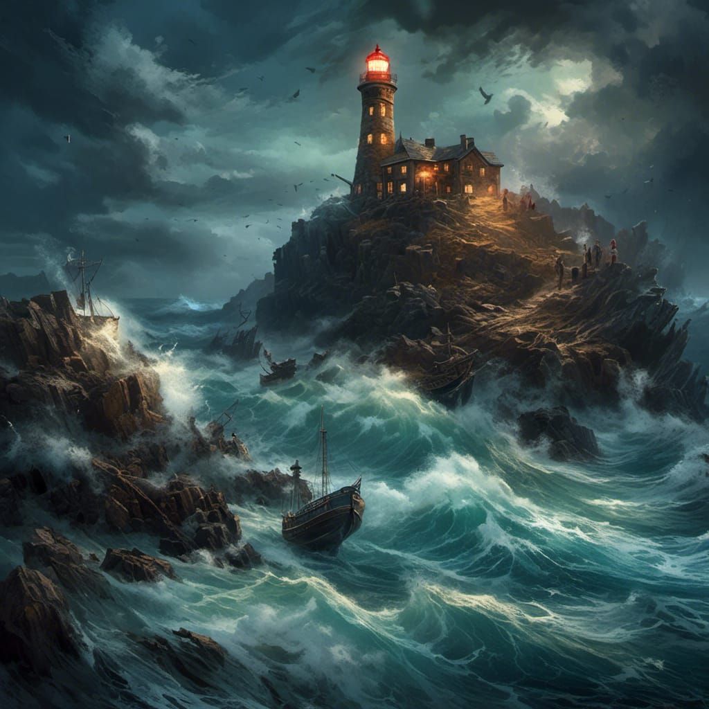 Violent Coastal Scene with Lighthouse in Hyperreal Style