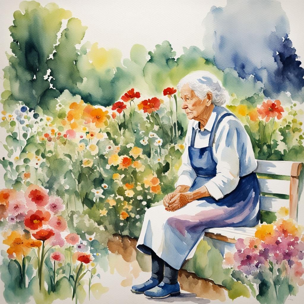 Watercolor Painting of Woman in Flower Garden