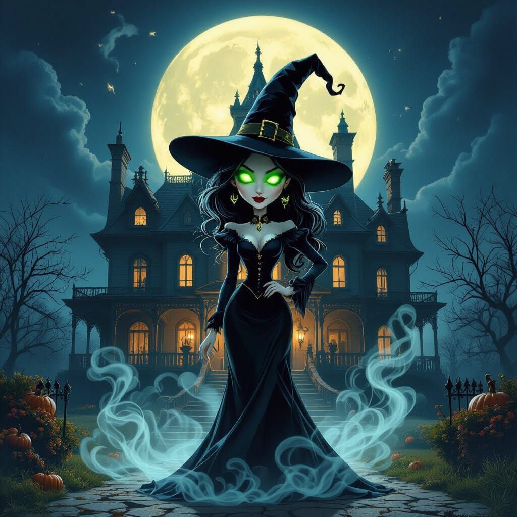 Gothic Witch at Spooky Mansion Under Full Moon