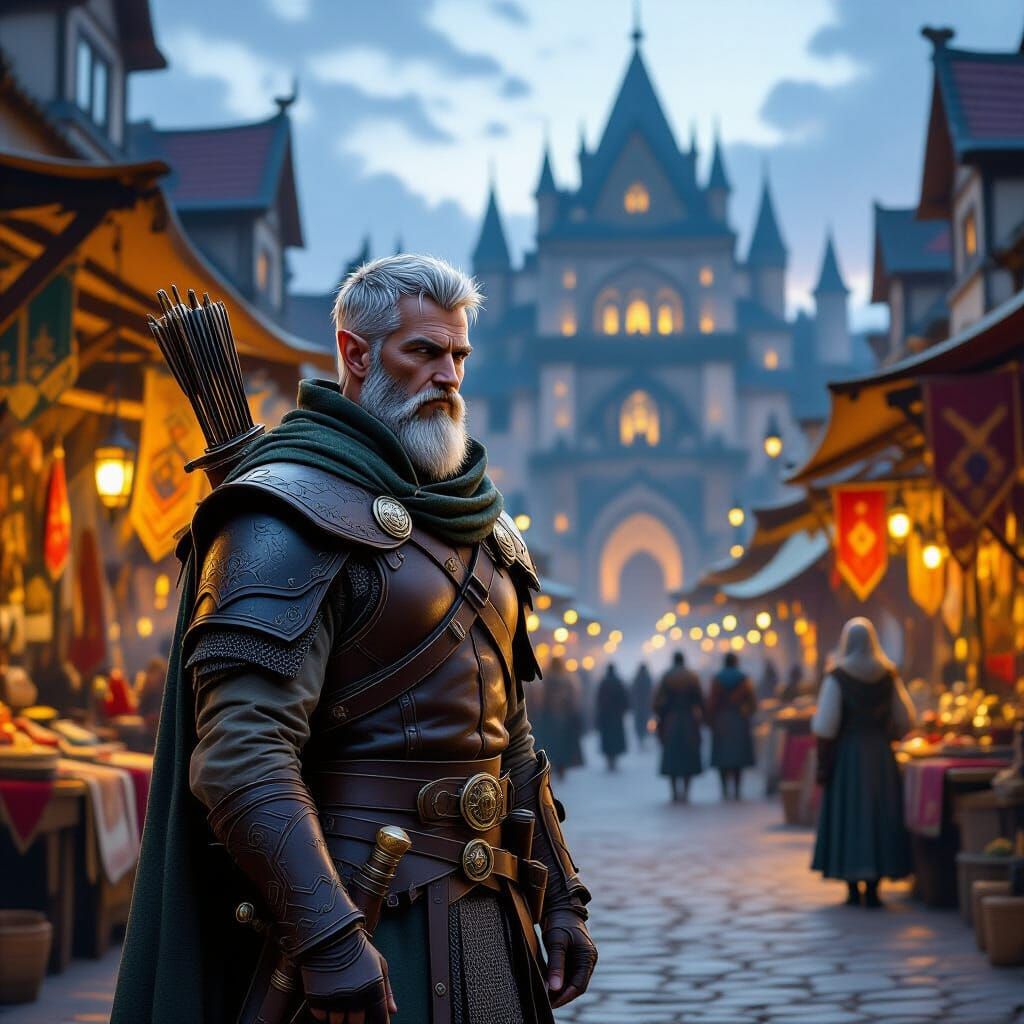 Elven Ranger in Bustling Medieval Marketplace at Dusk