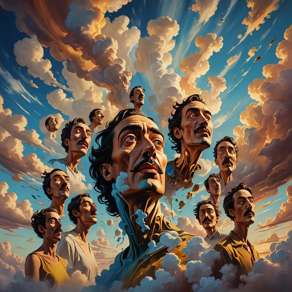 Surreal Multiple Faces in Dreamscape, as Abstract Expression...