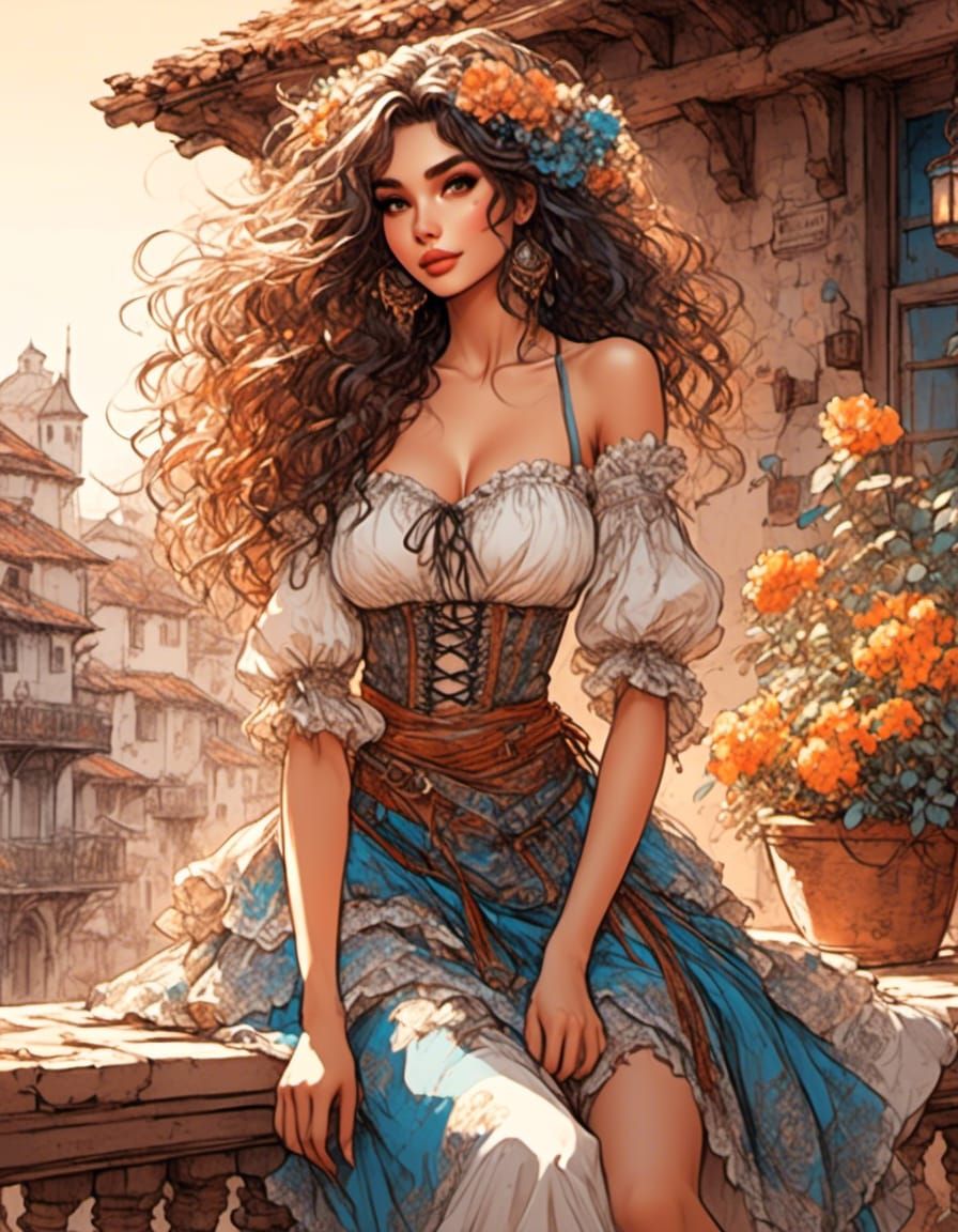 Anime Babe in Flowy Skirt, Color Sketch Portrait