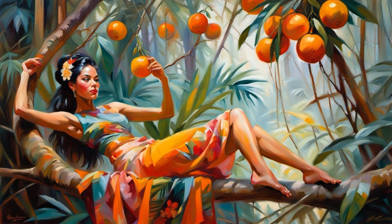 Indonesian Woman in Tropical Forest: Acrylic Painting