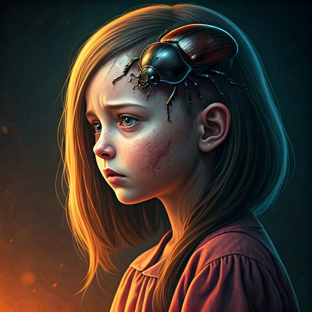 Unsettling Girl with Beetle: Hyperrealistic Splash Art