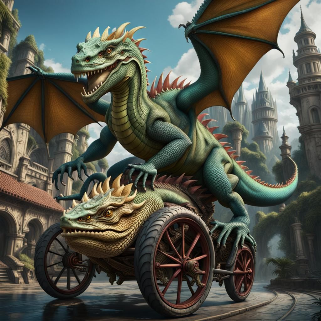 A dragon and Iguana riding tricycled. detailed matte painting, deep color, fantastical, intricate detail, splash screen,...