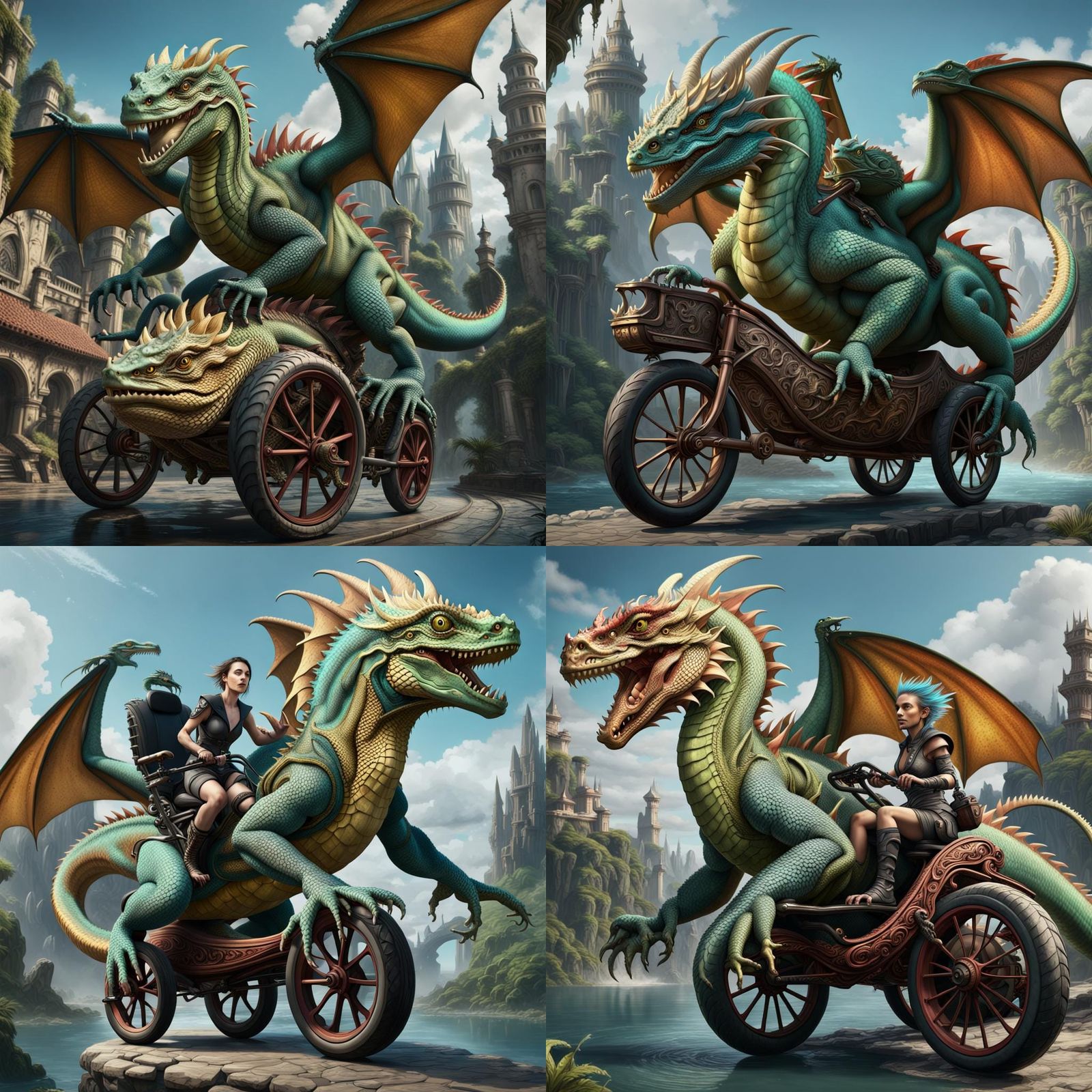 A dragon and Iguana riding tricycled. detailed matte painting, deep color, fantastical, intricate detail, splash screen,...