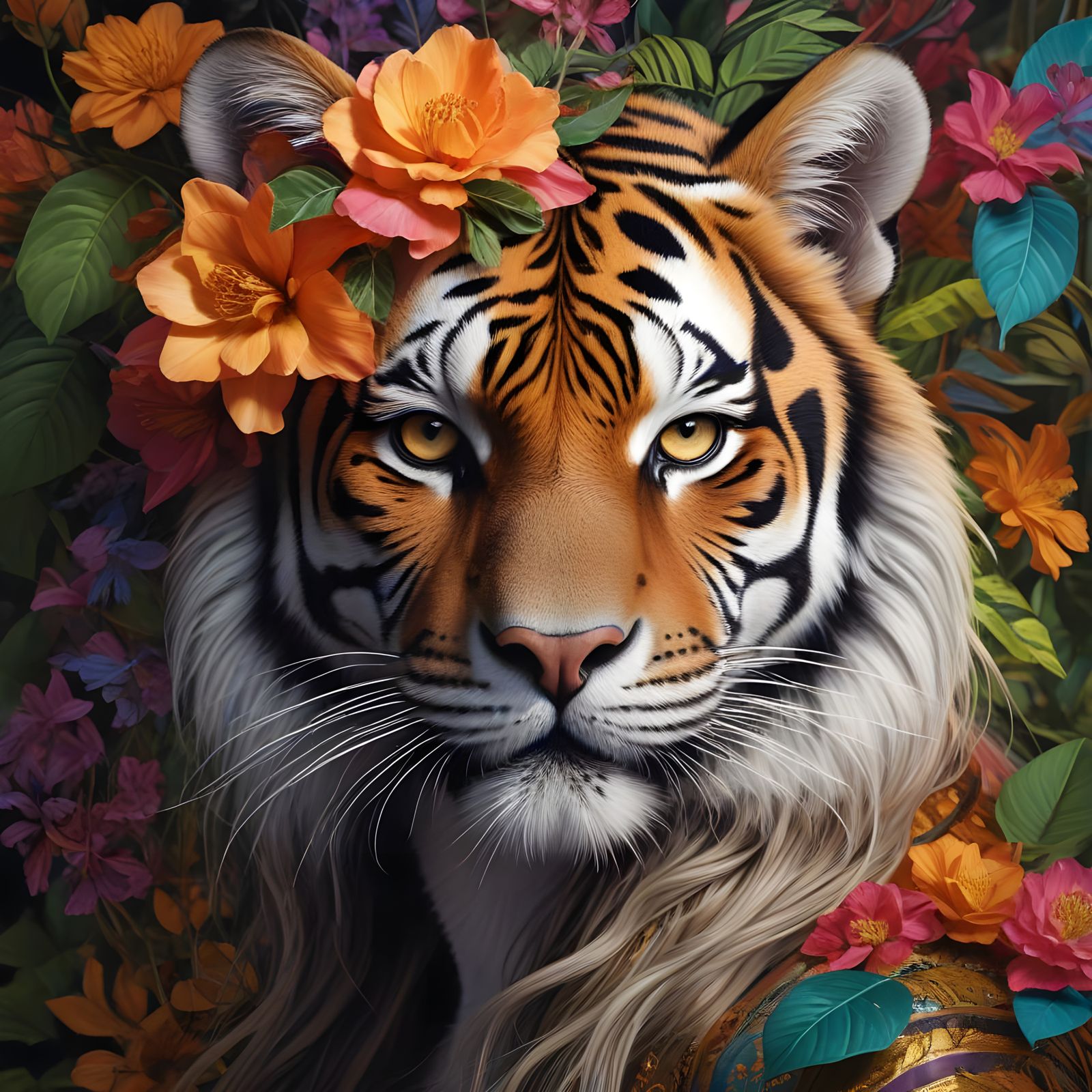 Majestic Tiger Goddess in Vibrant, Dreamlike Portrait