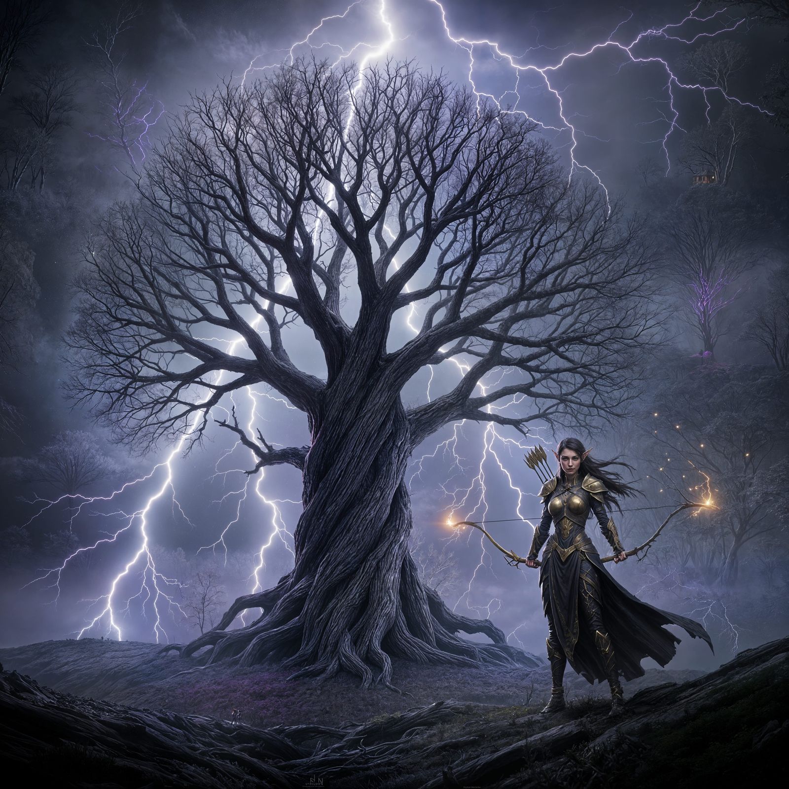 Wood Elf Emerges From Lightning Tree in Dark Fantasy Art