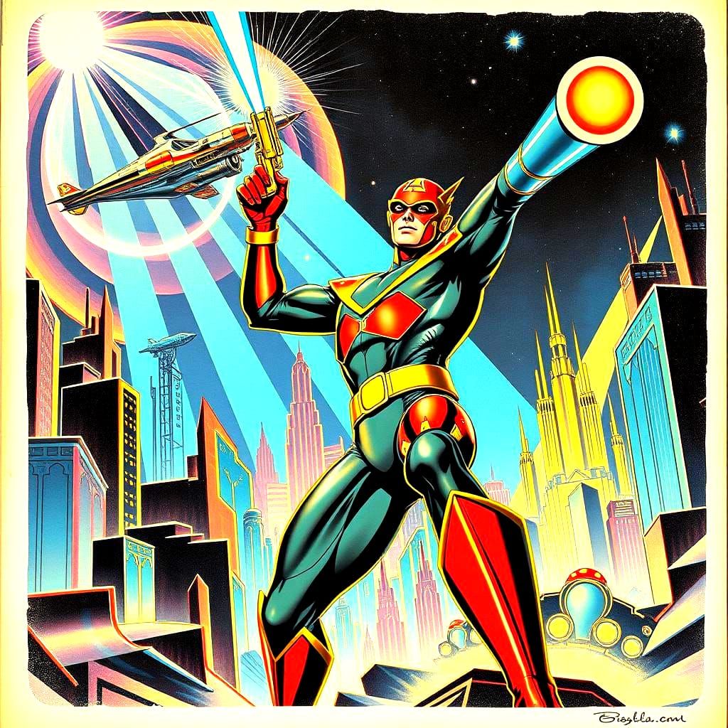 Flash Gordon Heroic Pose in Retro-Futuristic Art Deco