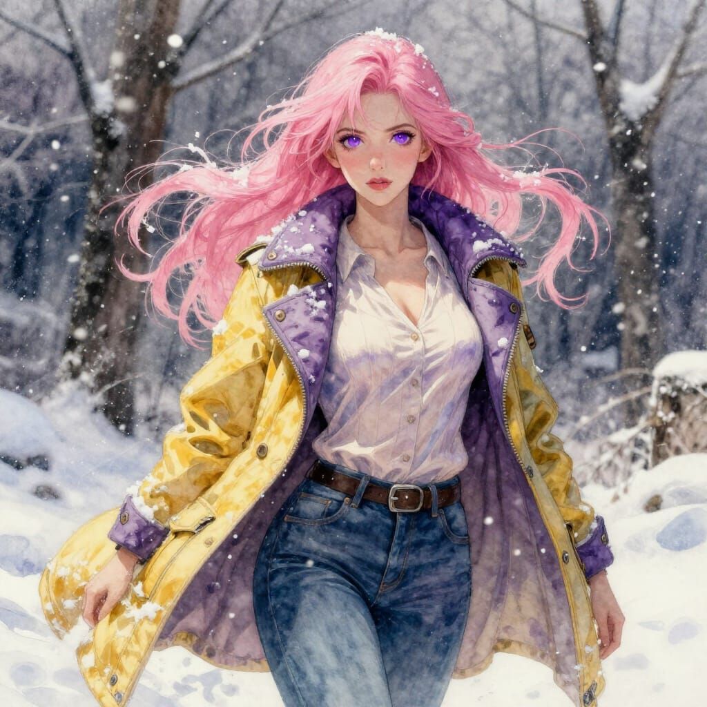 Pink Haired Woman in Gentle Snowstorm, Watercolor Style
