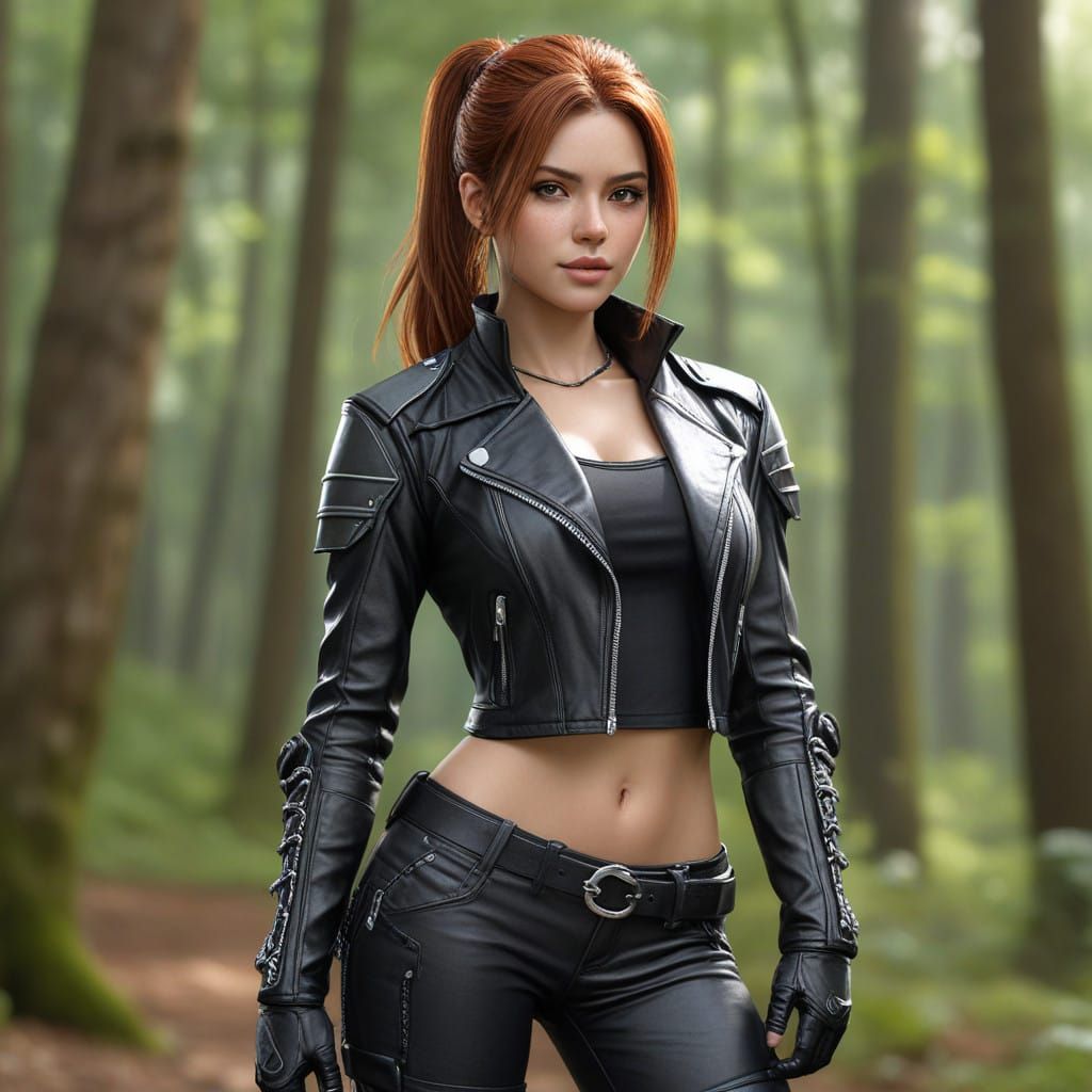 Cyberpunk Woman in Leather Jacket, Standing in a Forest