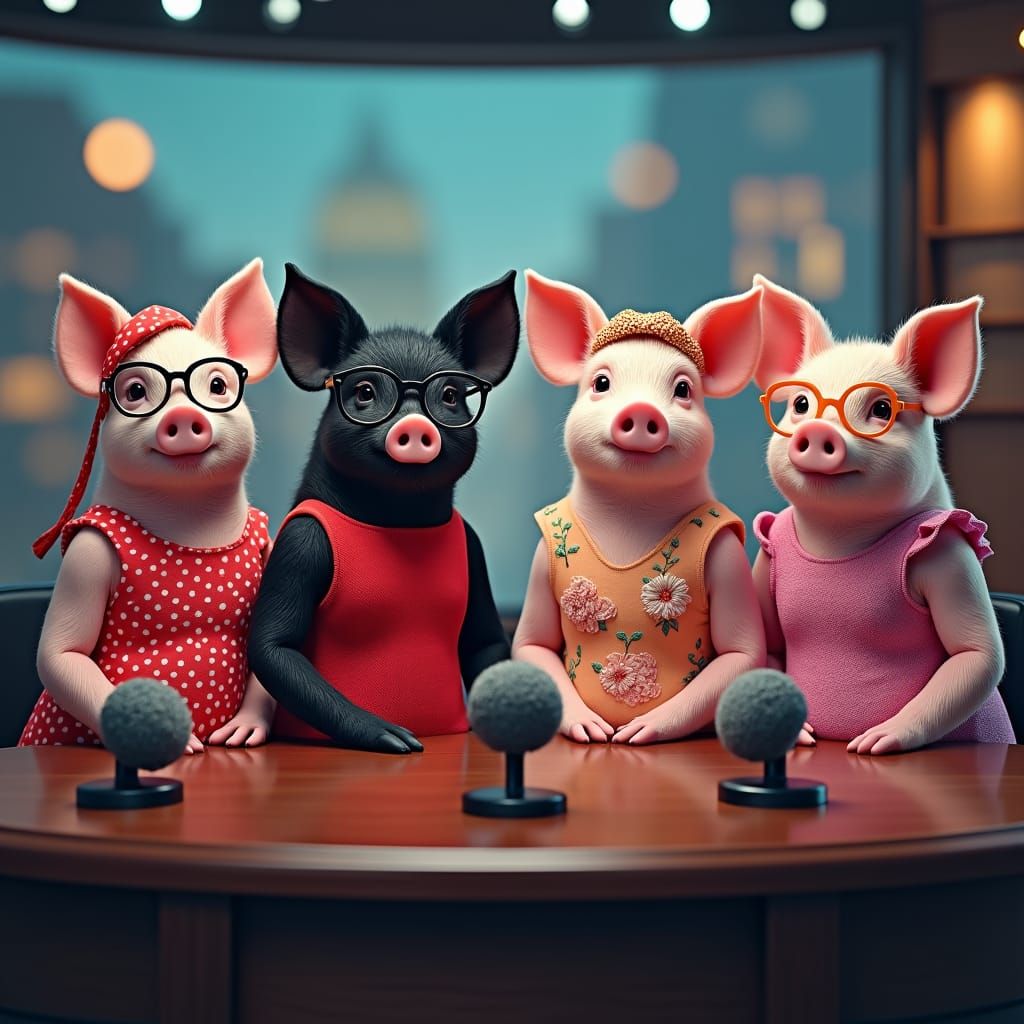 Pigs at News Desk in Art Nouveau Style