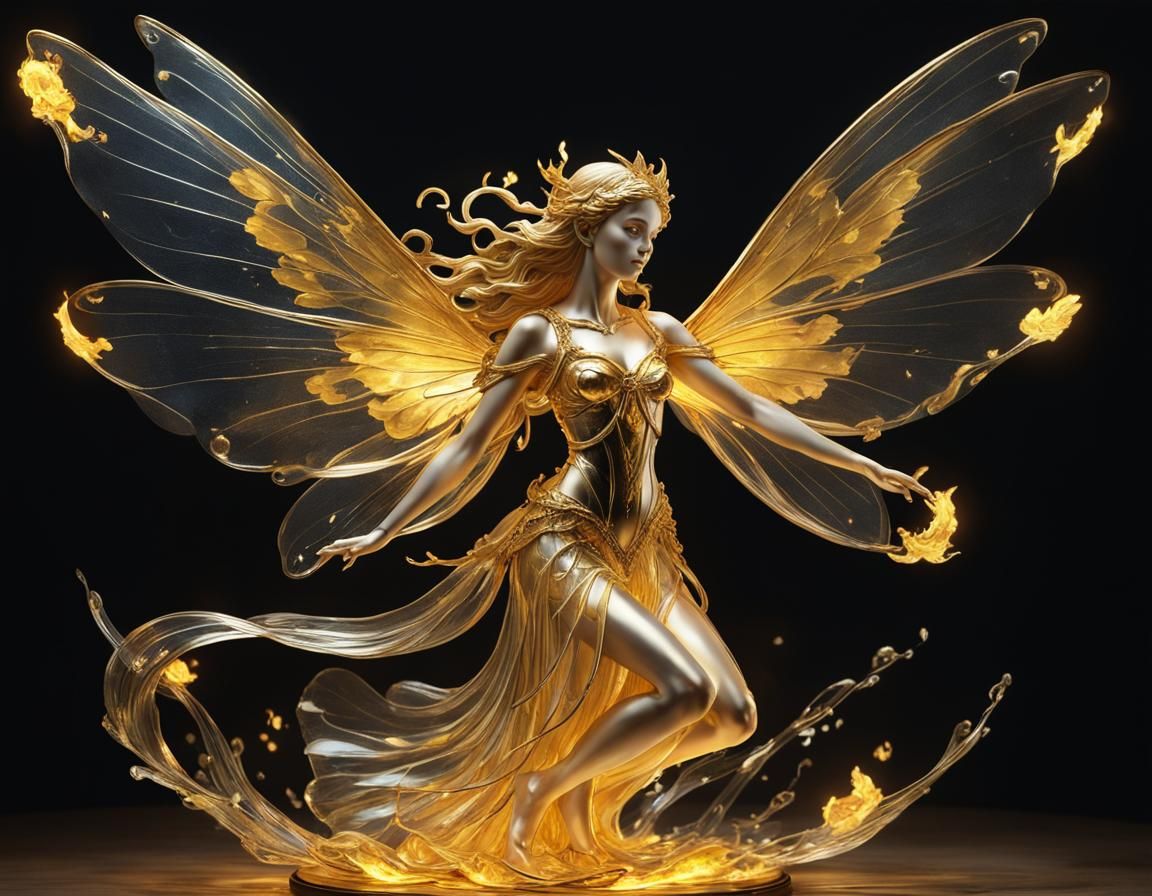 Golden Fairy Statue with Fiery Hair