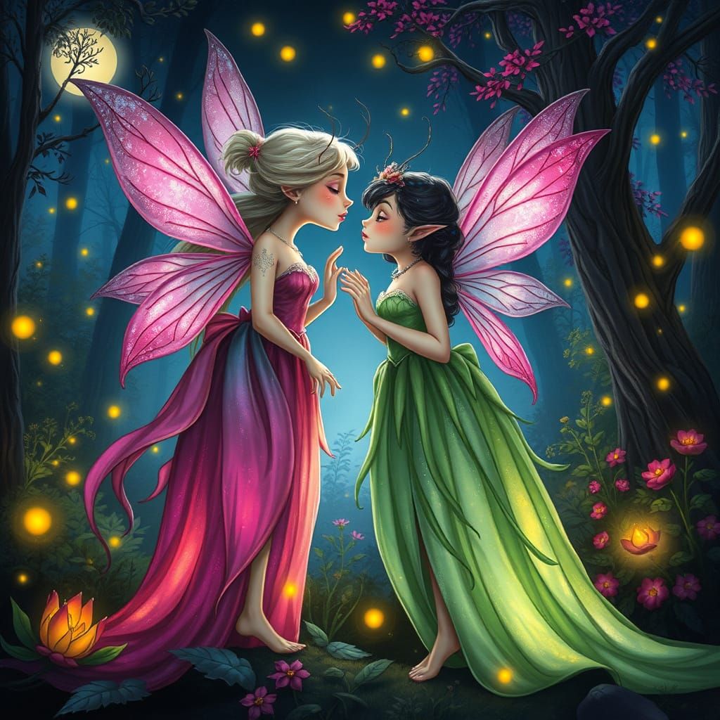 Lesbian Fairies Kiss in Enchanted Forest