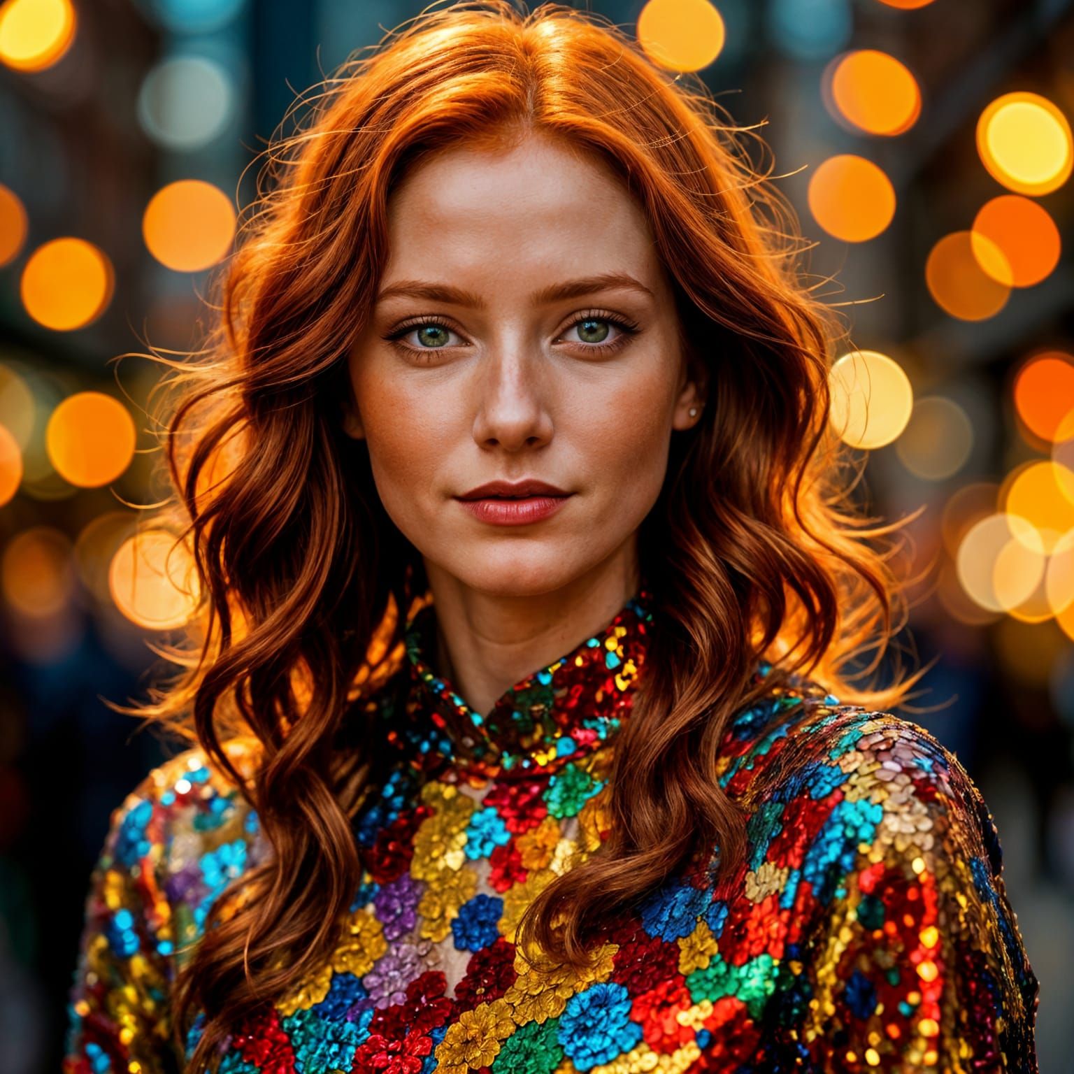Gorgeous Redhead Woman in Shimmering Sequins Dress