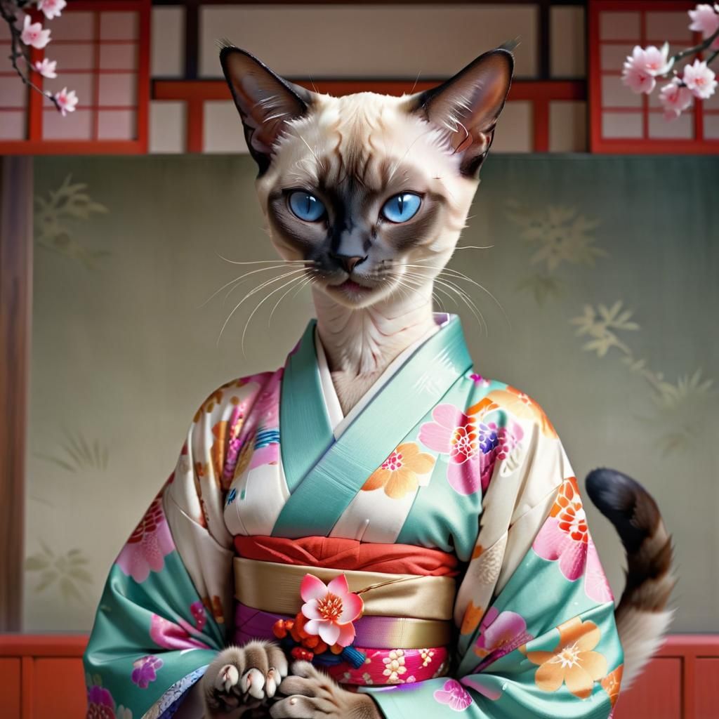 Feminine Siamese Cat in Kimono, Hyperrealist Art