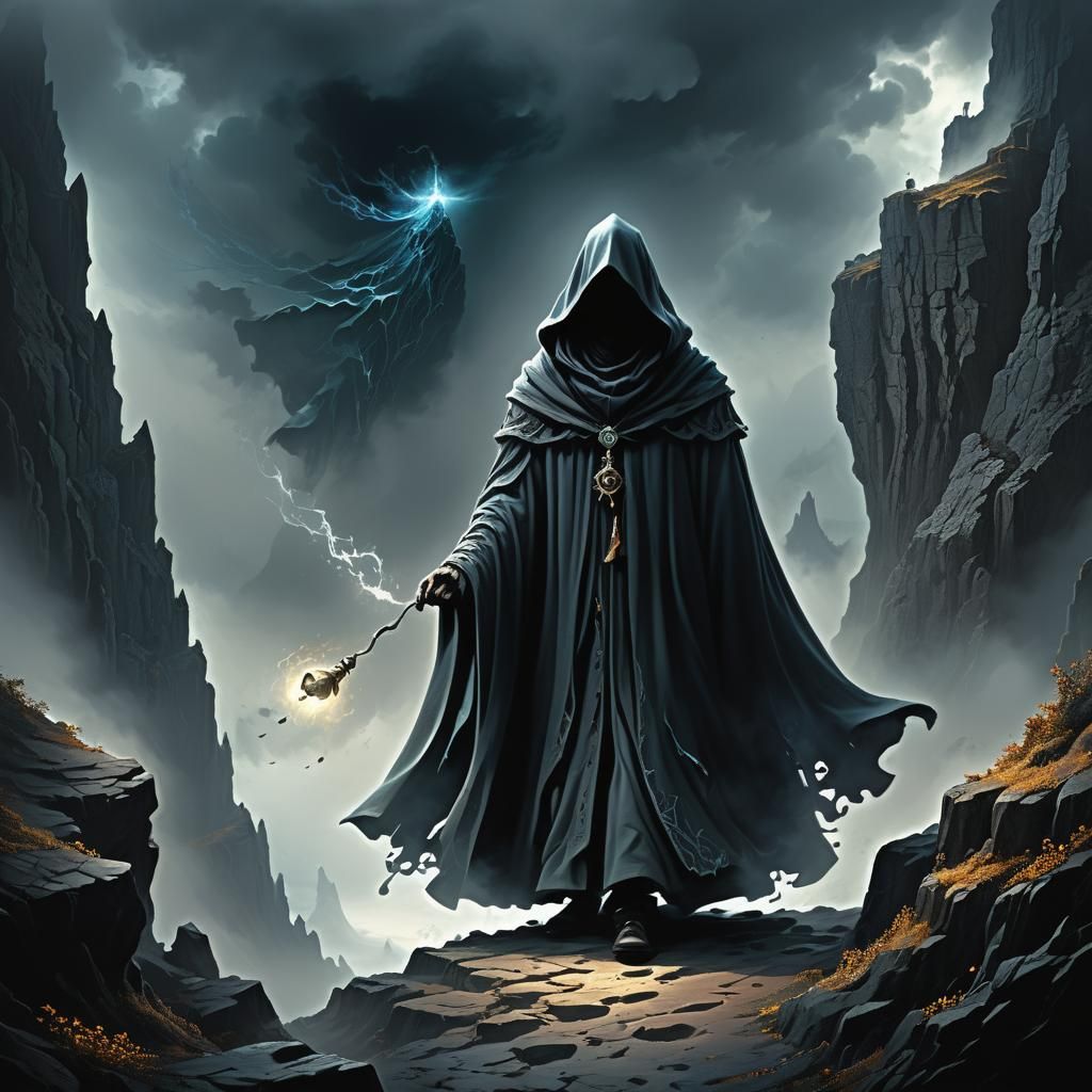 Wizard on Misty Cliff in Dark Fantasy Style